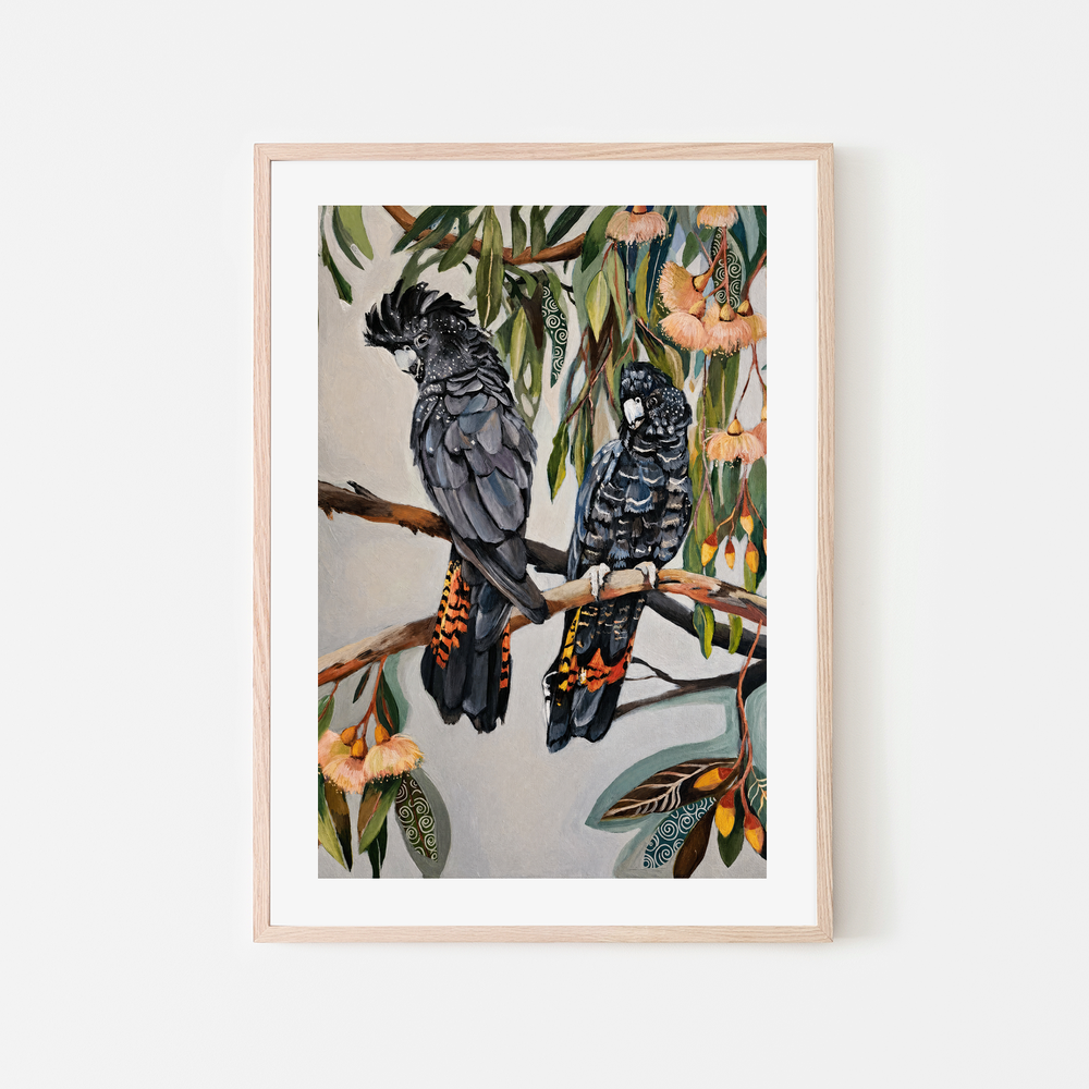Black Cockatoos with Peach Gum Blossom