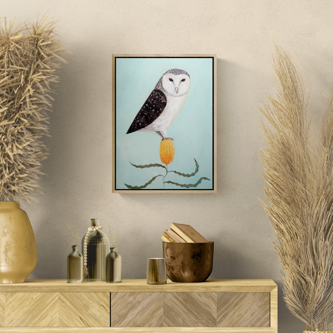 The Owl and the Banksia-by-John Graham Original Art-original art-Gioia