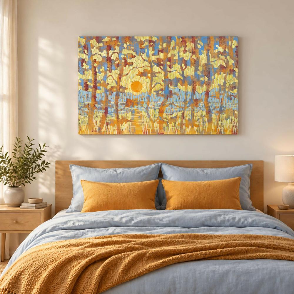 Through the Pines. Yellow Sunset - Original Painting-by-Ekaterina Prisich Original Art-original art-Gioia