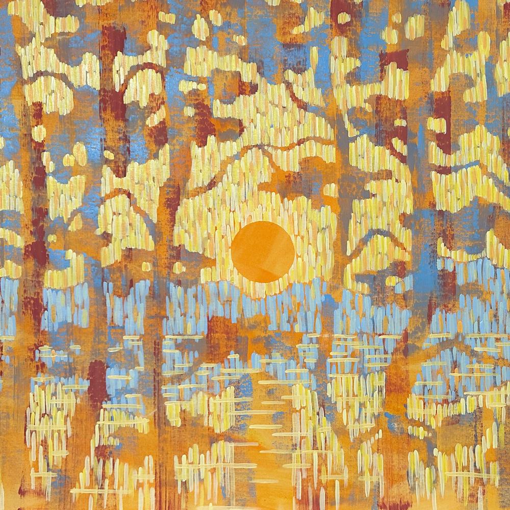 Through the Pines. Yellow Sunset - Original Painting-by-Ekaterina Prisich Original Art-original art-Gioia