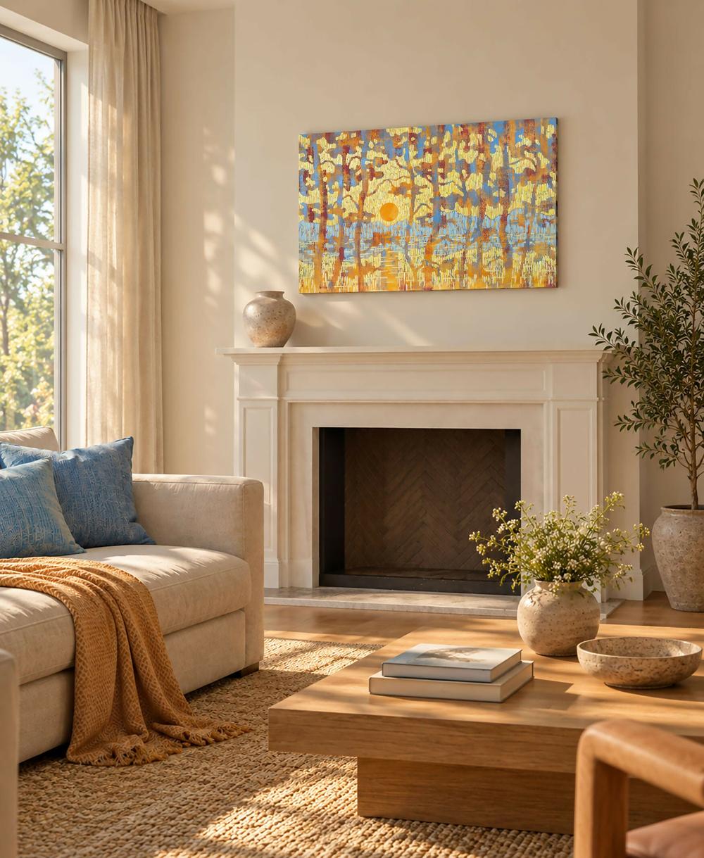 Through the Pines. Yellow Sunset - Original Painting-by-Ekaterina Prisich Original Art-original art-Gioia