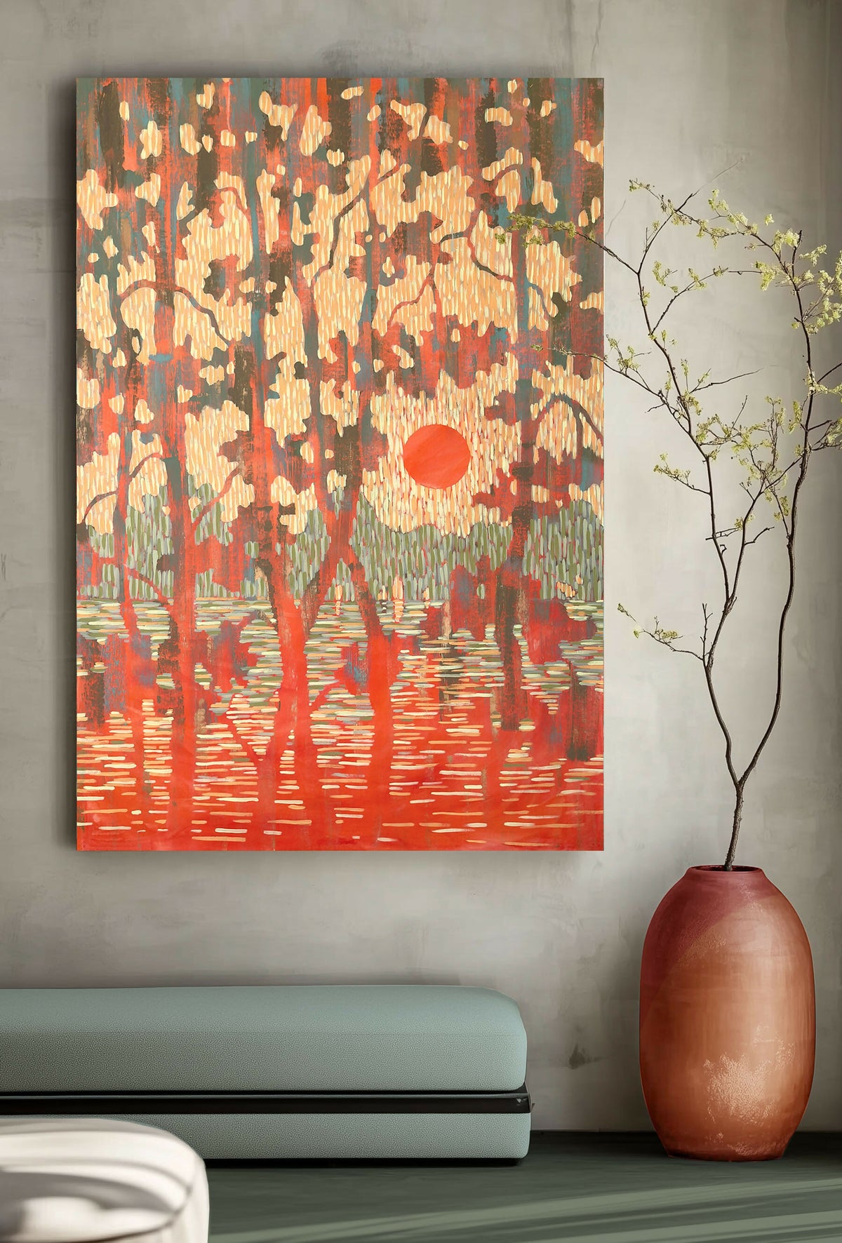 Orange Sunset over the Forest Lake - Original Painting