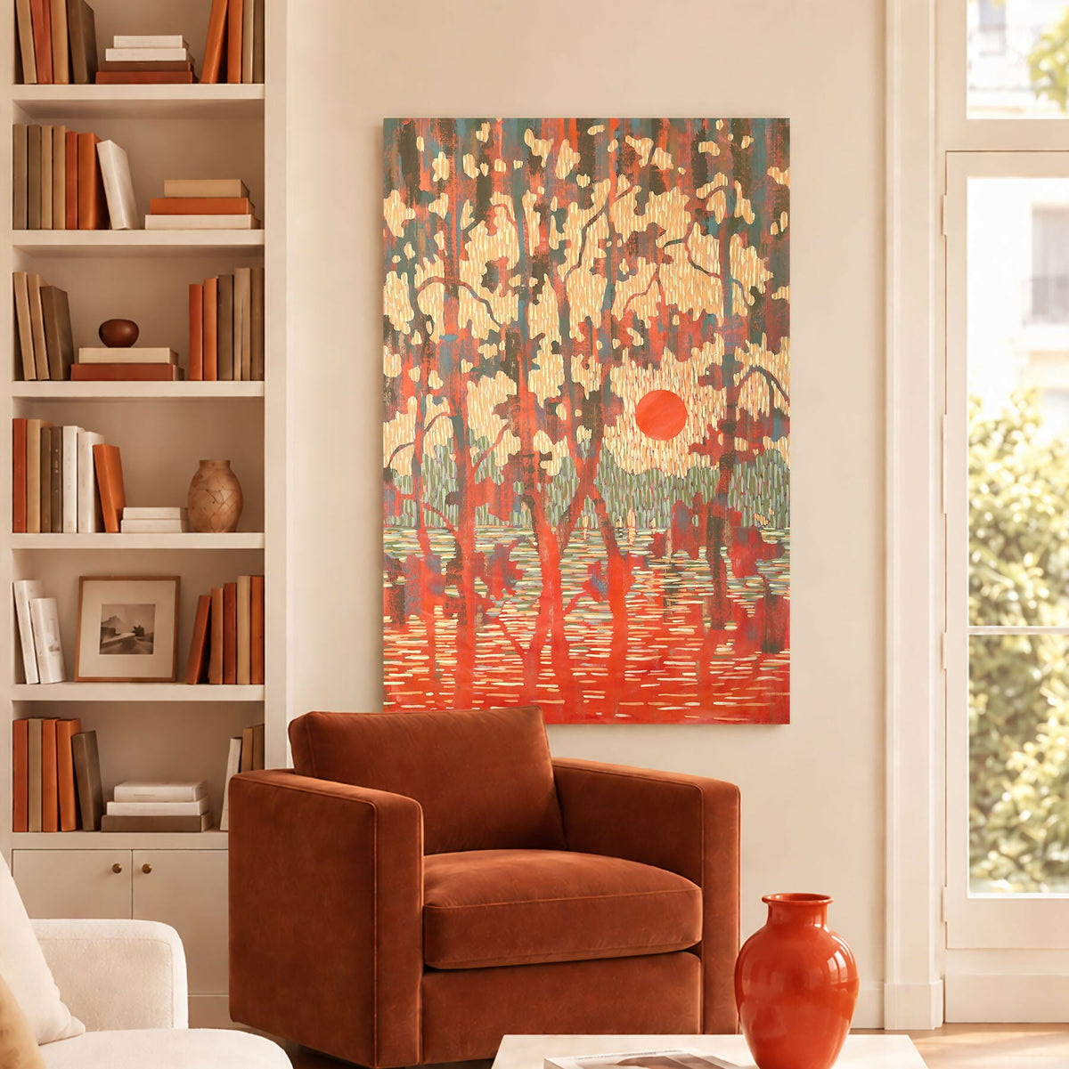Orange Sunset over the Forest Lake - Original Painting