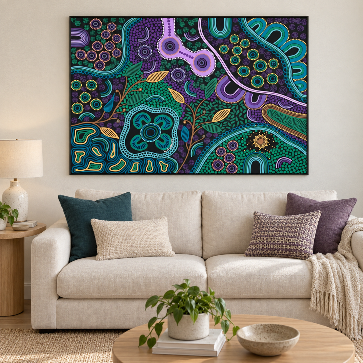 A Wonderland Of Healing wall art styled in a contemporary lounge corner