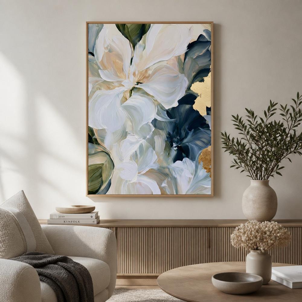 Abstract Blue Gold Flowers-by-Stephanie Jeuffroy-wall-art-print-canvas-poster-framed-Gioia