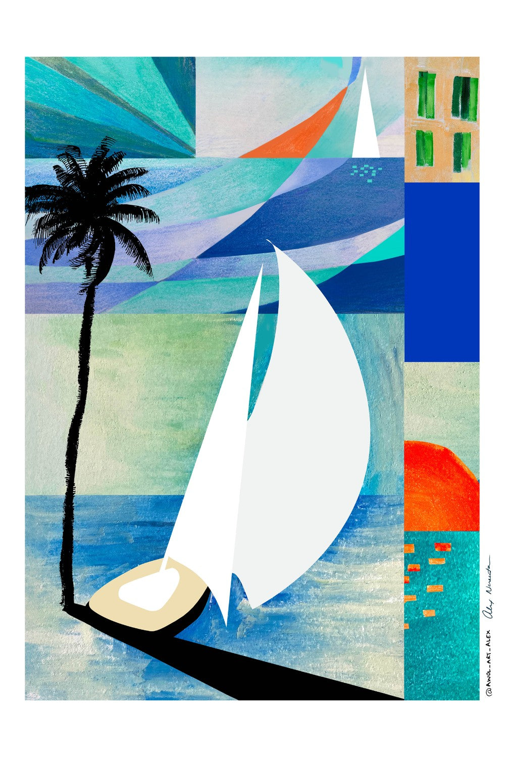 Abstract Coastal Sailboat-by-Alex Nereuta-wall-art-print-canvas-poster-framed-Gioia