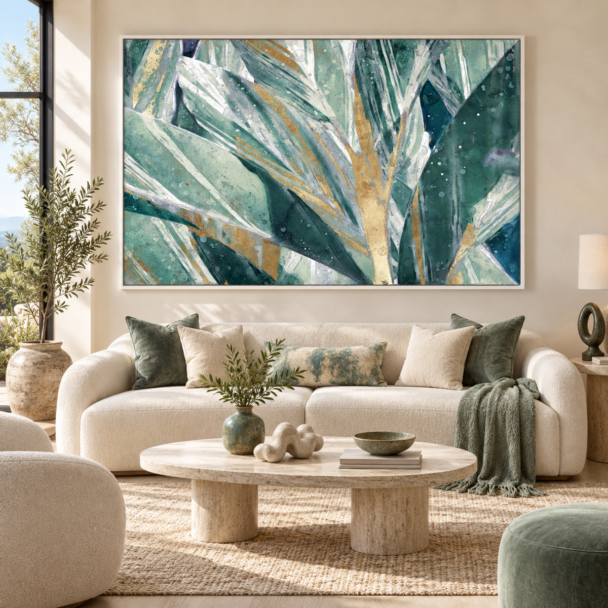 Abstraction of Leaves Style A in a white floating frame above a contemporary neutral sofa