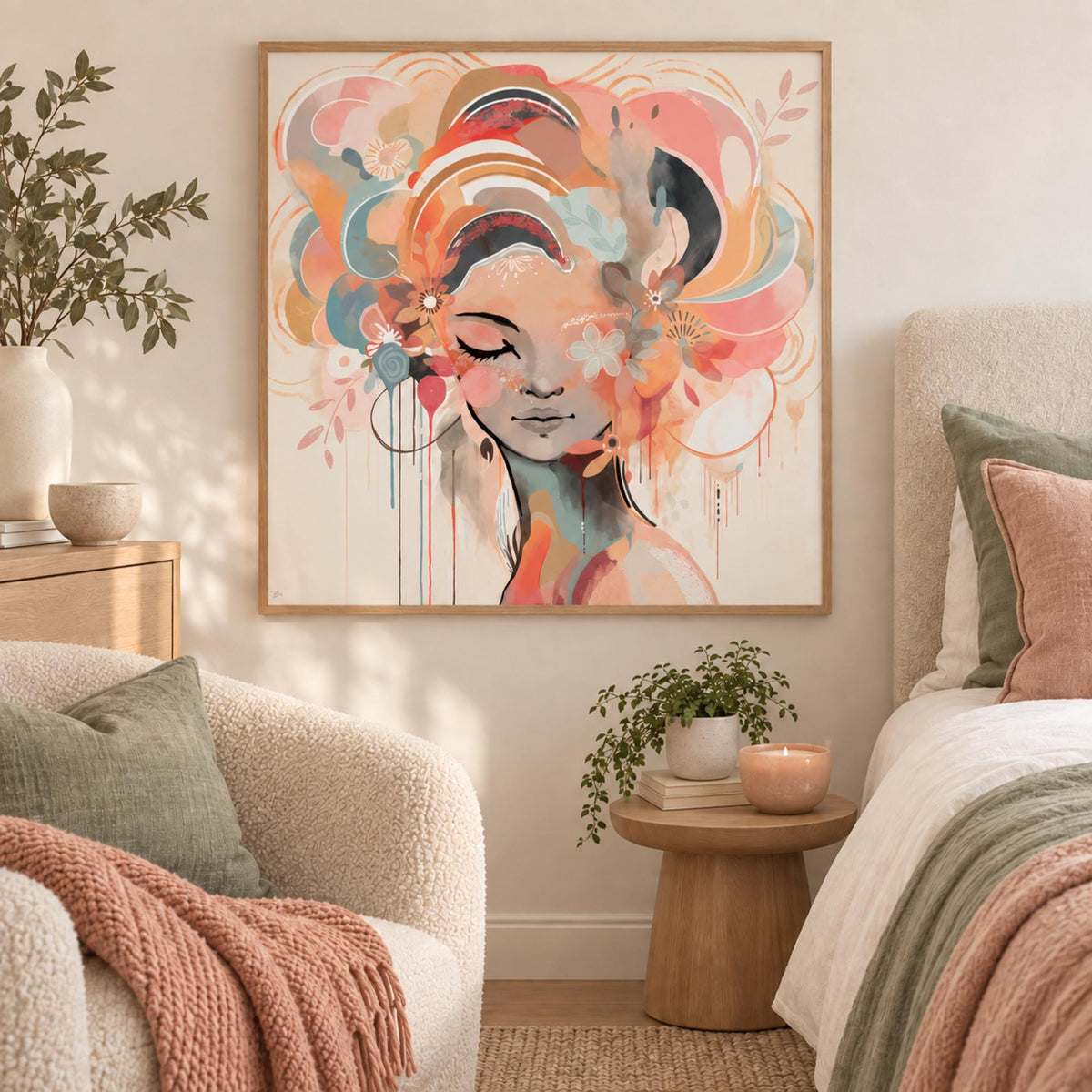 Aria Blossom wall art styled in a cosy contemporary bedroom with no mat border