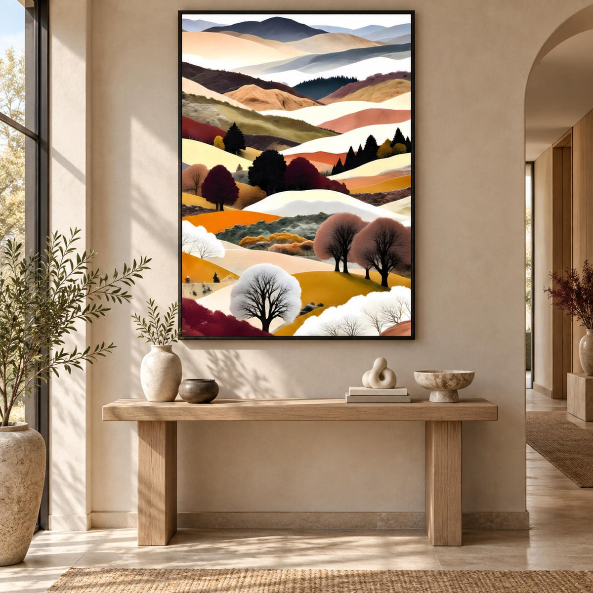 Autumn To Winter in a black floating frame above a contemporary hallway console