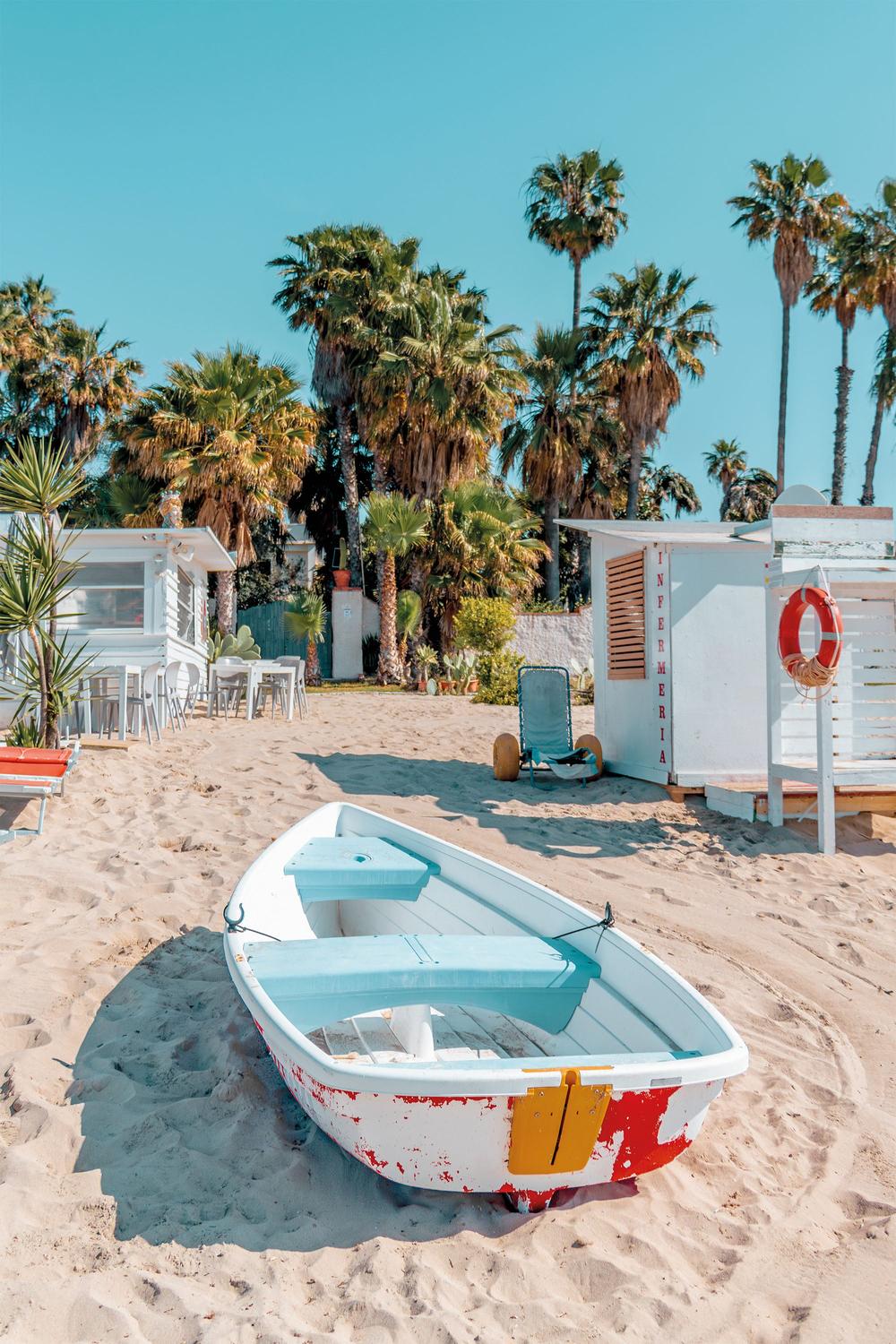 Beach Boat Under Palms-by-Gabor Estefan-wall-art-print-canvas-poster-framed-Gioia