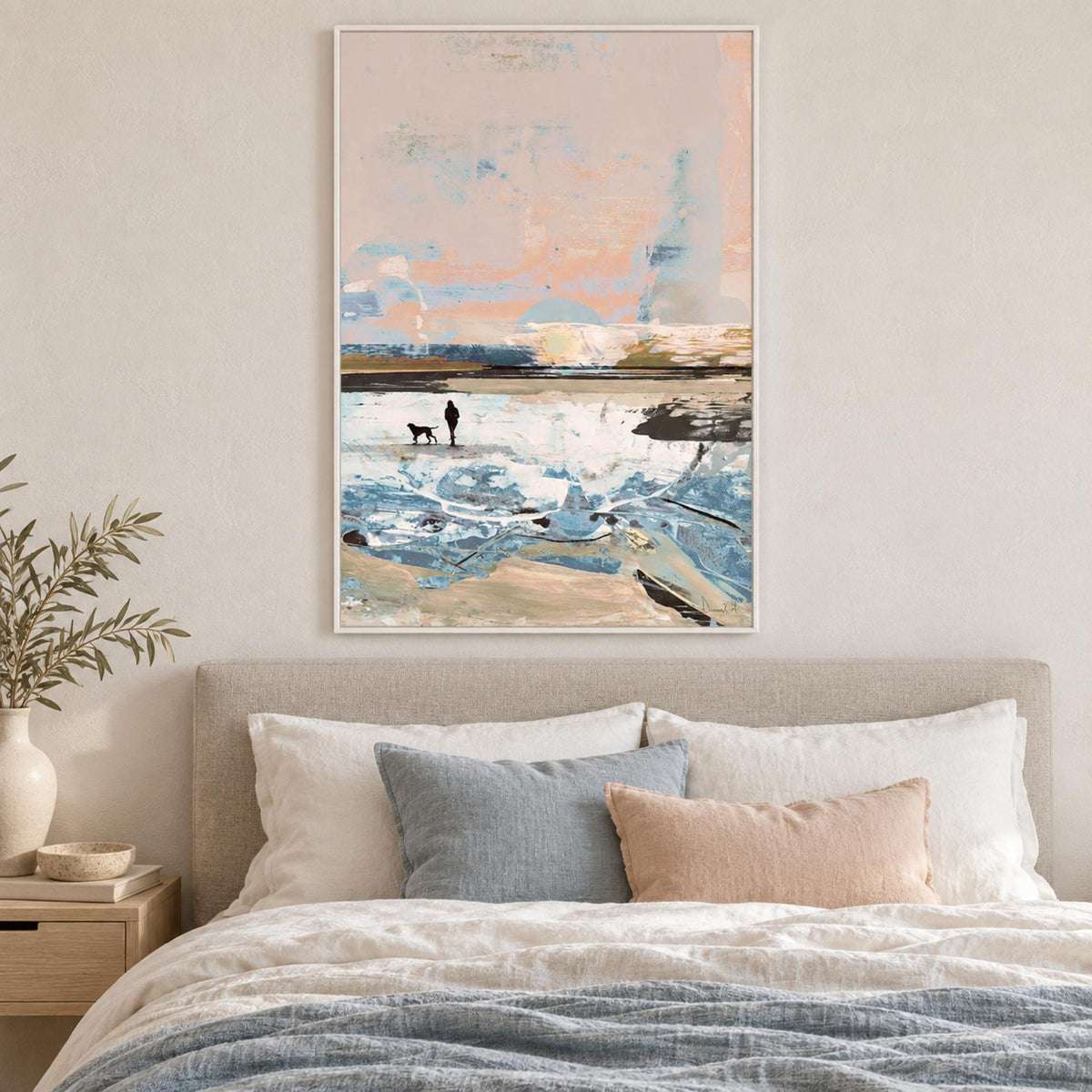 Beach Walk wall art in a serene coastal-modern bedroom