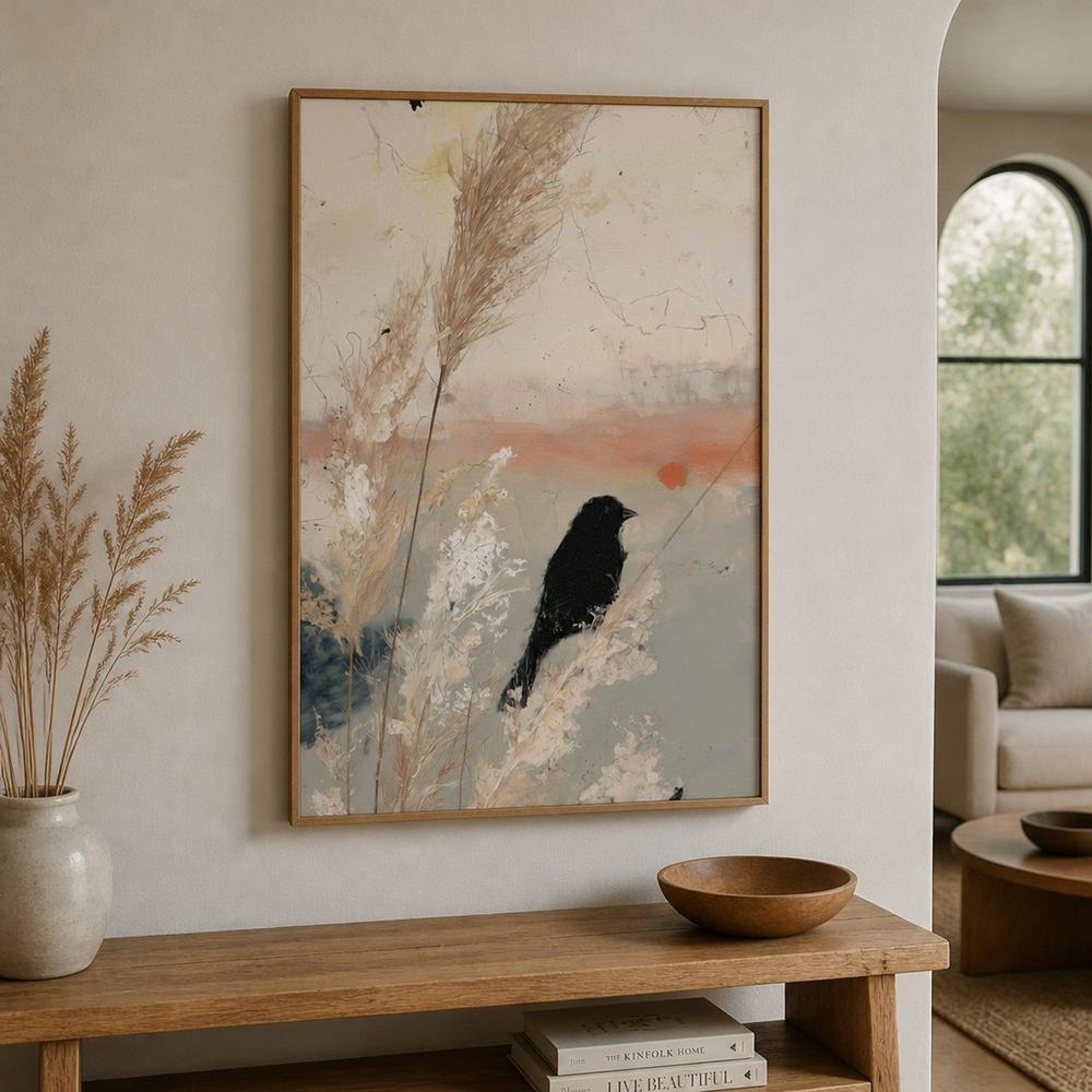 Bird Silhouette in Golden Grasses-by-Chromatic Storm Studio-wall-art-print-canvas-poster-framed-Gioia