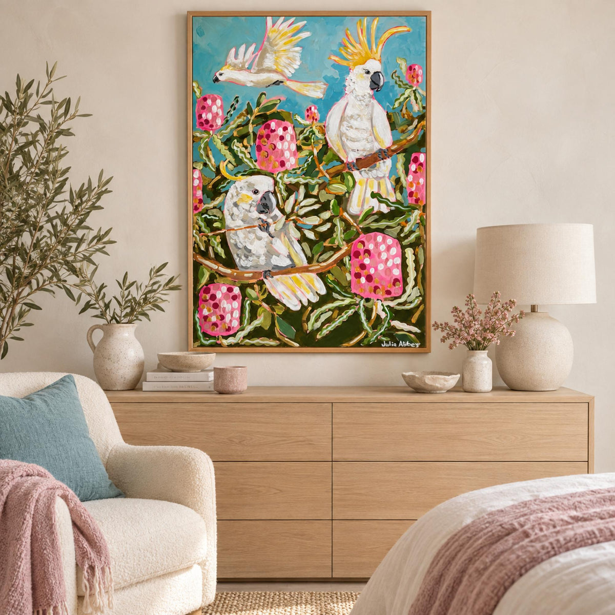Birds And Banksias wall art styled in a bright cozy bedroom corner