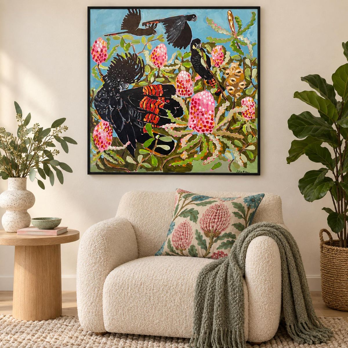 Birds And Banksias wall art styled in a contemporary cozy corner