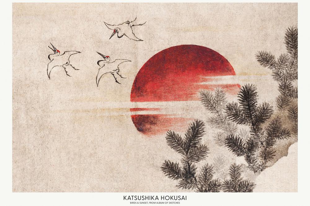 Birds and Sunset-by-Katsushika Hokusai-wall-art-print-canvas-poster-framed-Gioia