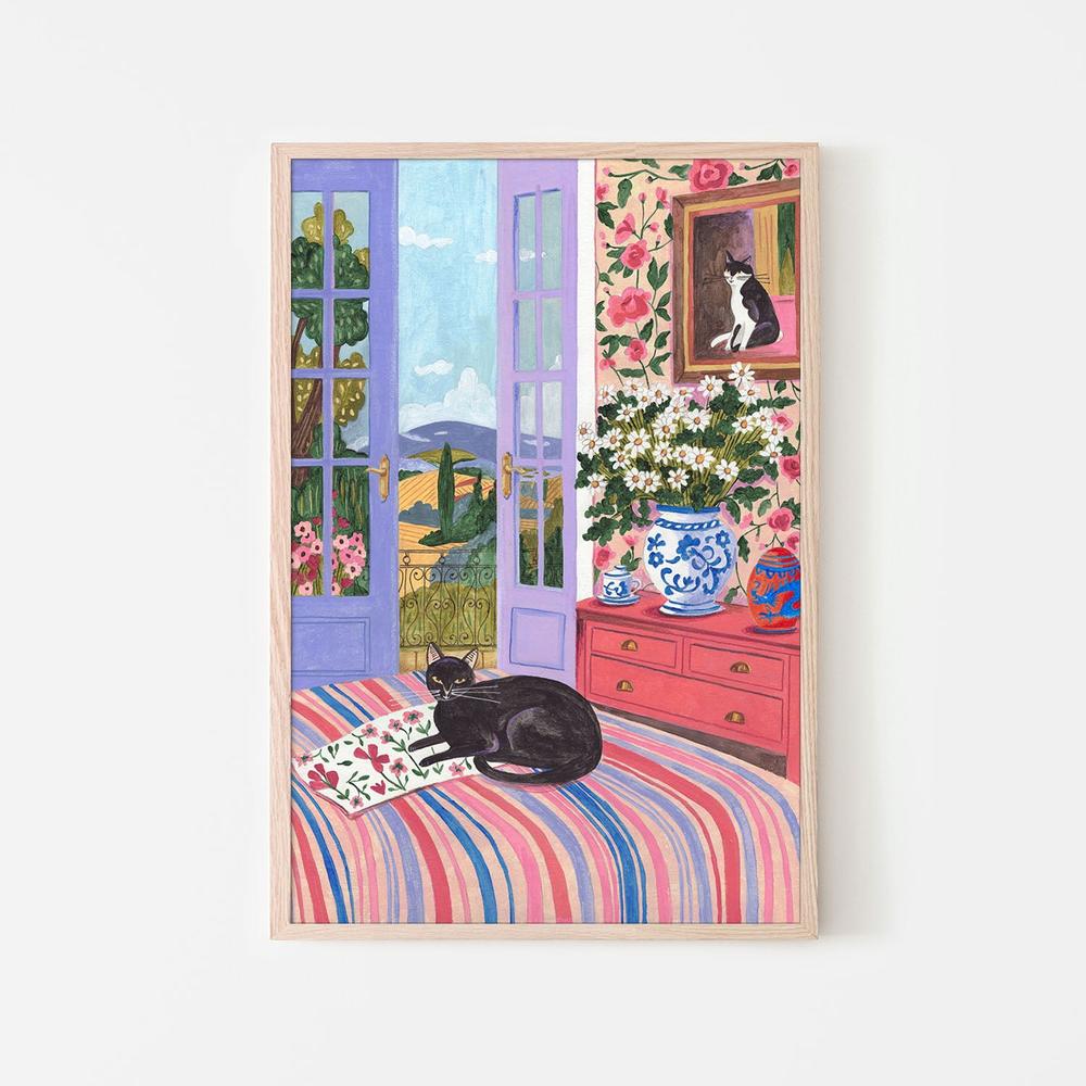 Black Cat on Bed French Doors Garden View-by-Caroline Bonne Muller-wall-art-print-canvas-poster-framed-Gioia