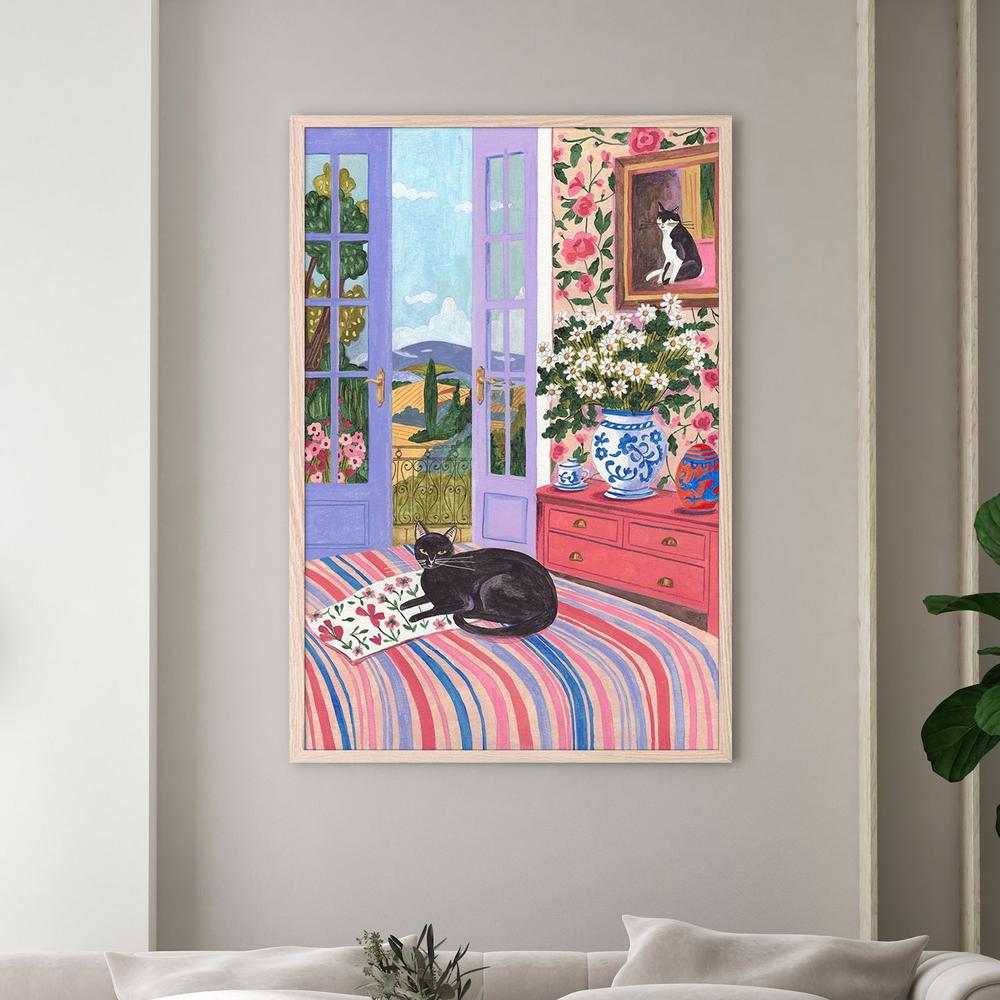 Black Cat on Bed French Doors Garden View-by-Caroline Bonne Muller-wall-art-print-canvas-poster-framed-Gioia