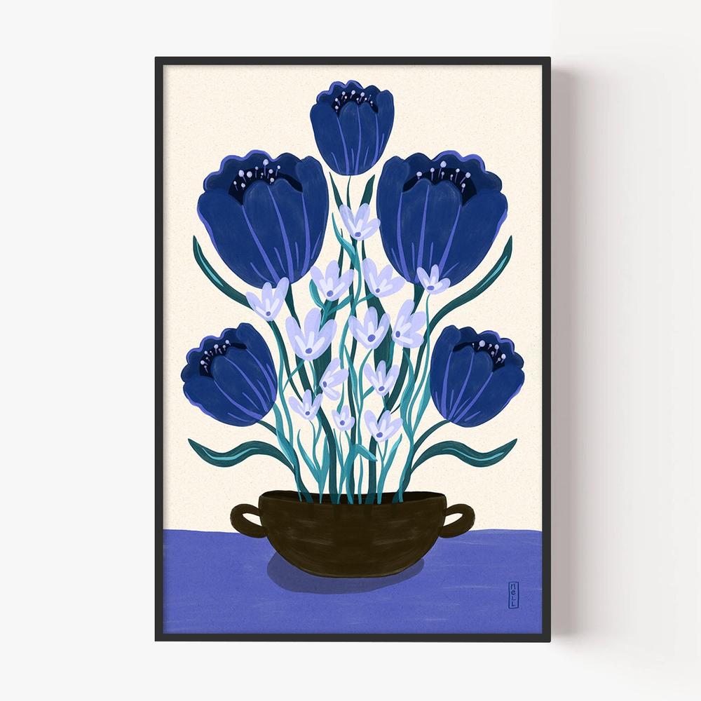 Blue Floral Arrangement-by-Dirkie Nell-wall-art-print-canvas-poster-framed-Gioia