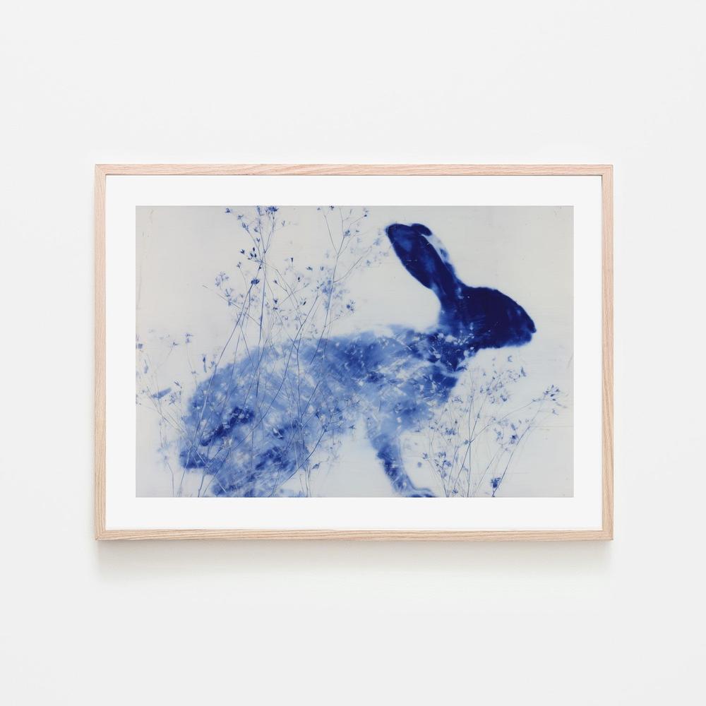 Blue Rabbit Silhouette with Wildflowers-by-Chromatic Storm Studio-wall-art-print-canvas-poster-framed-Gioia
