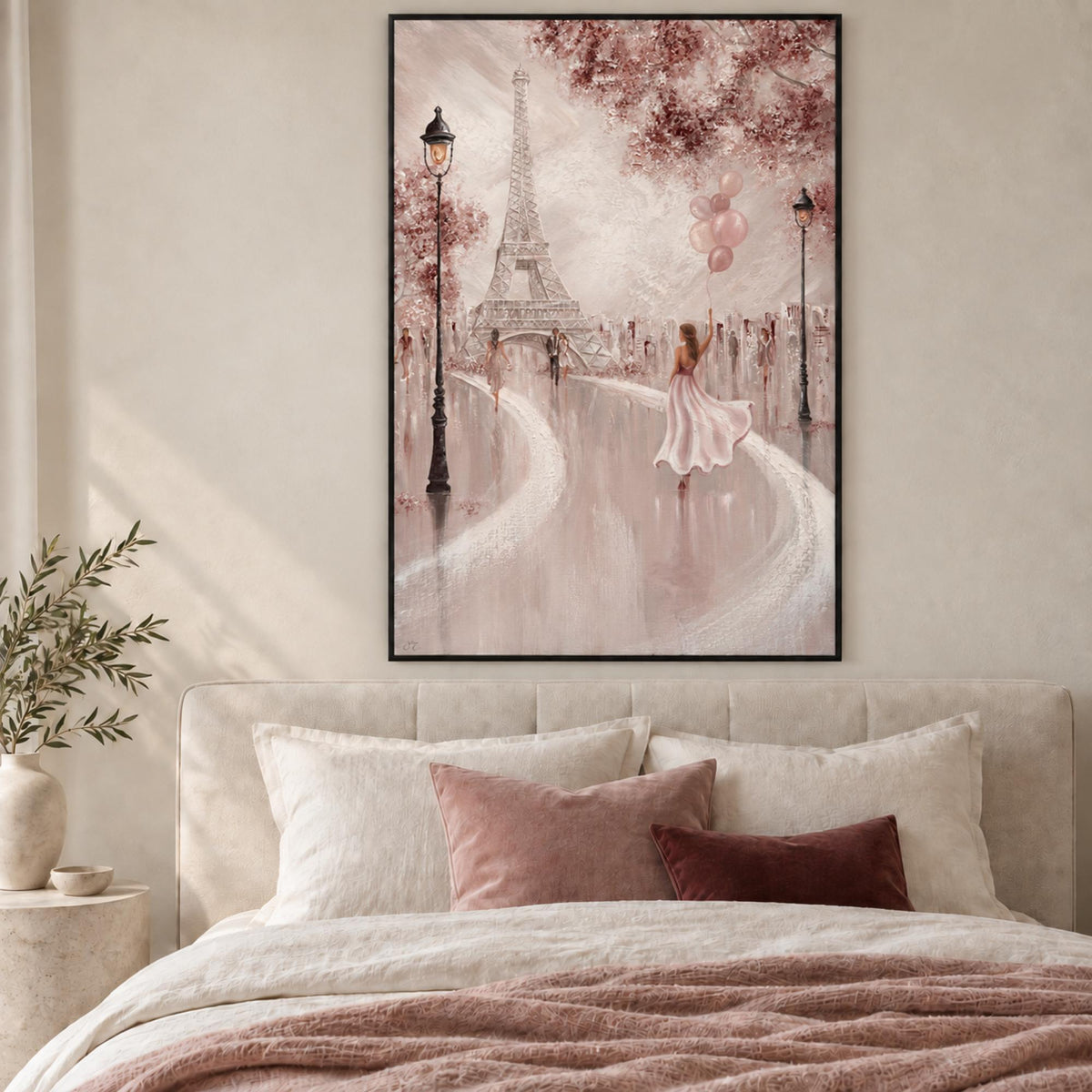 Blushed Parisian Dreams wall art in a romantic contemporary bedroom