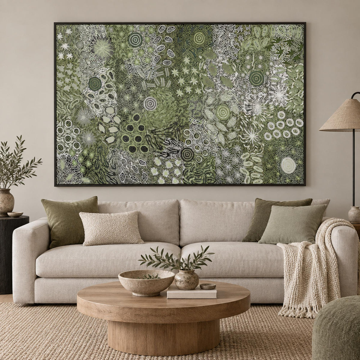 Body Painting Ceremony Green Tones wall art centred above a modern sofa