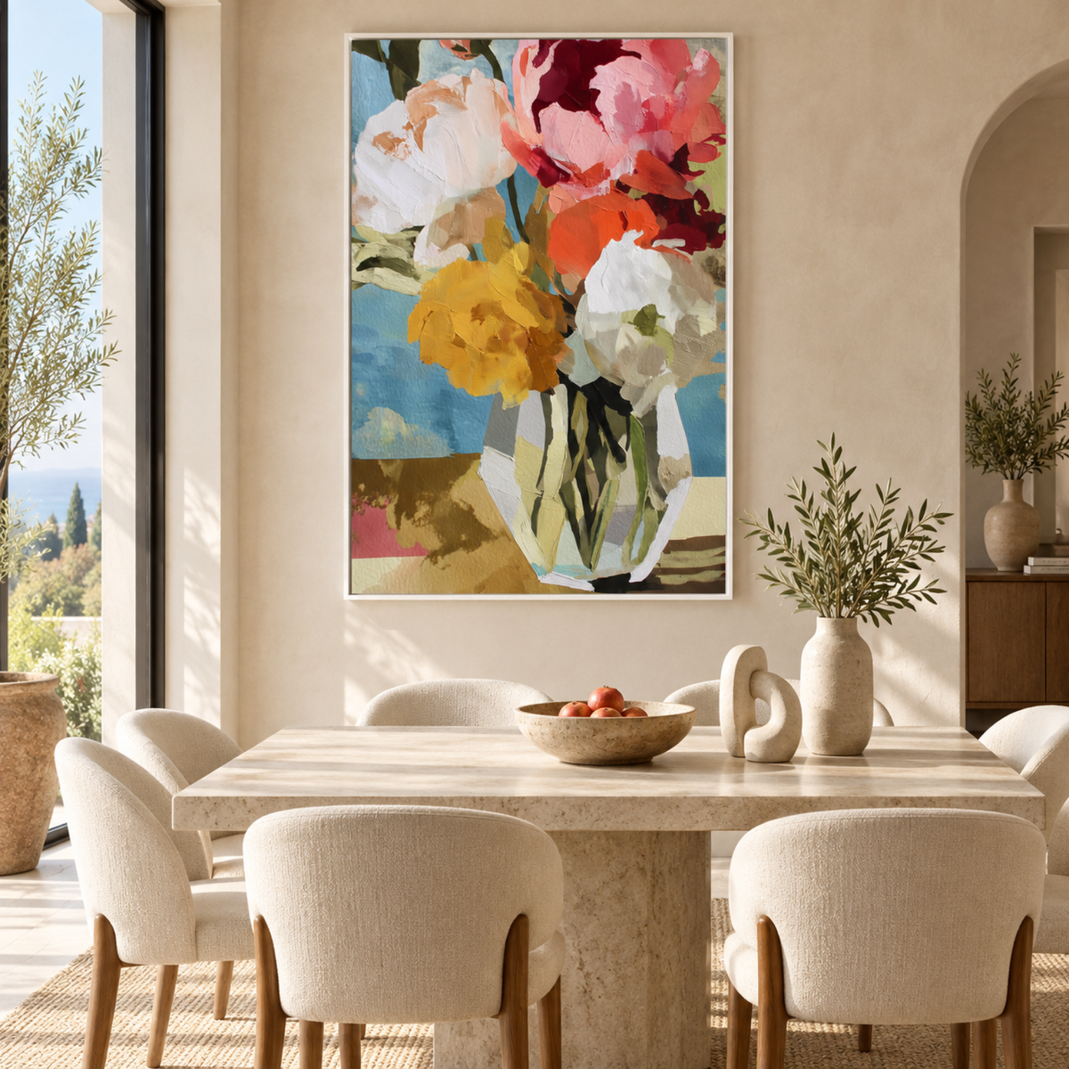 Bold Bouquet with Heavy Texture in a white floating frame in a contemporary dining room
