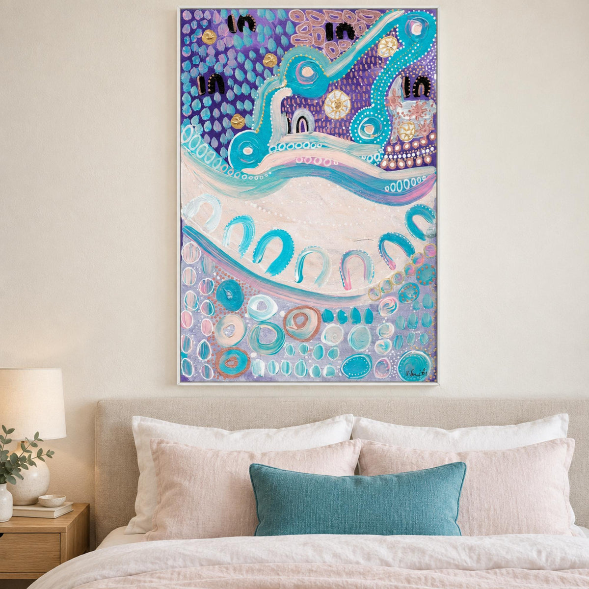 Boogle Jarjum wall art styled in a contemporary bedroom