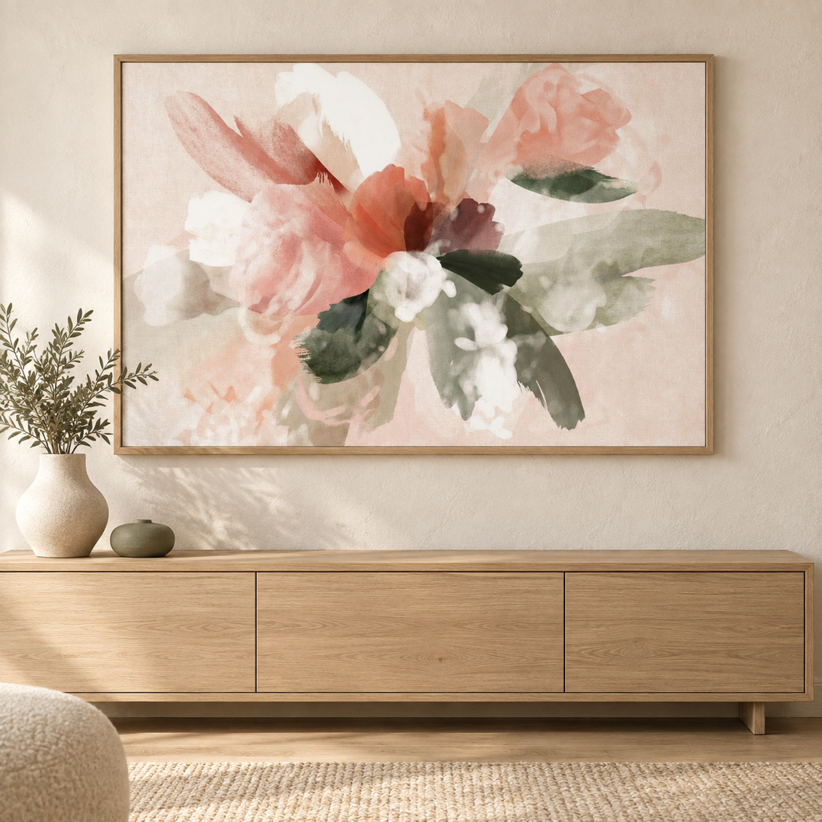 Bouquet Pink wall art above a contemporary living-room console