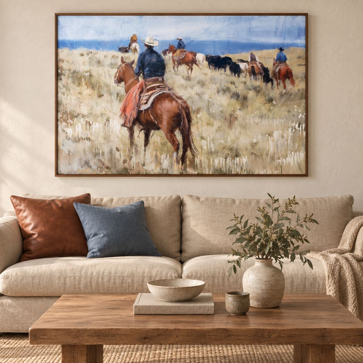 Cattle Drive wall art in a refined modern-rural living room