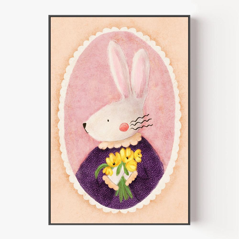 Charming Bunny With Tulips-by-Dirkie Nell-wall-art-print-canvas-poster-framed-Gioia