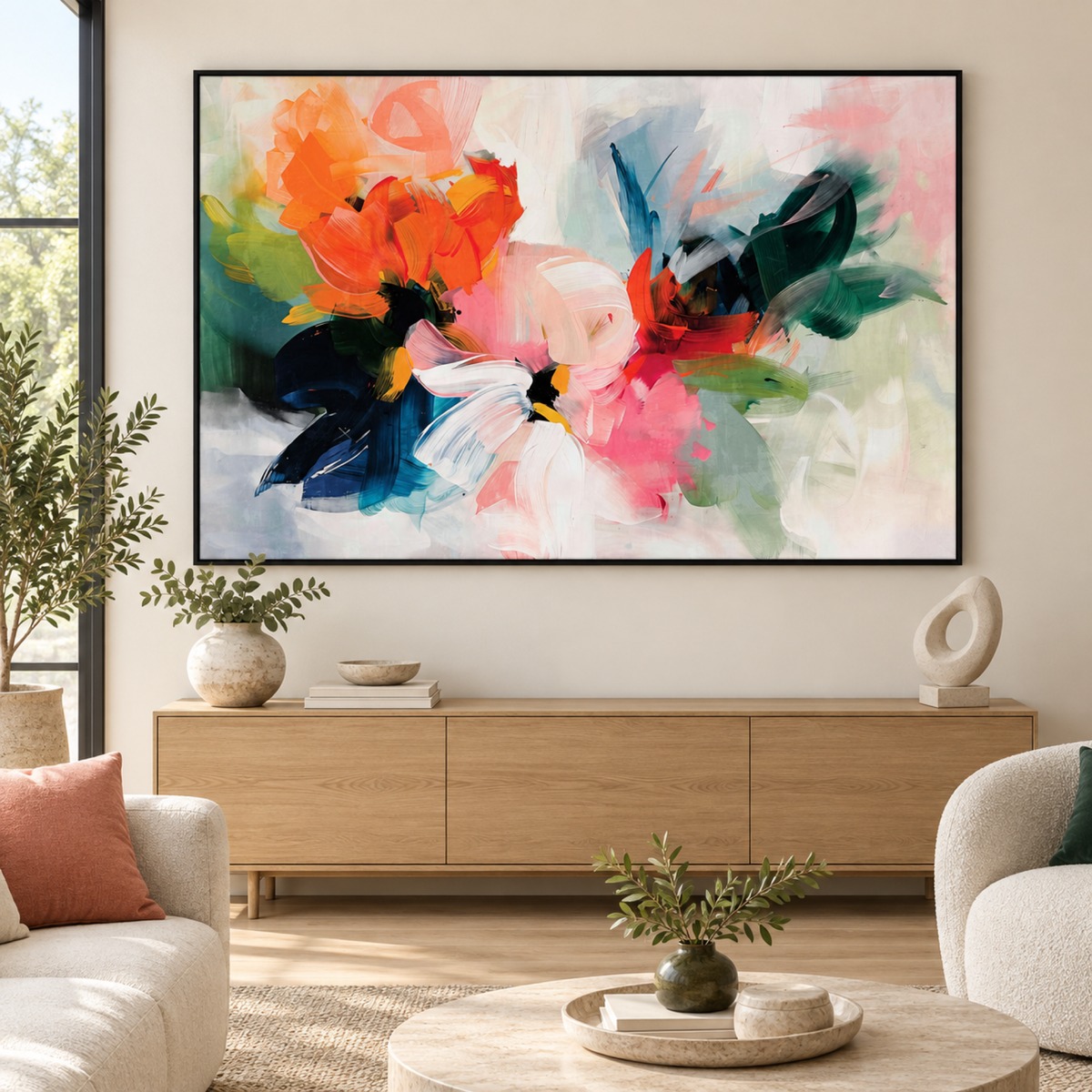 Chromaflare Blossom, Style B in a black floating frame above a contemporary buffet
