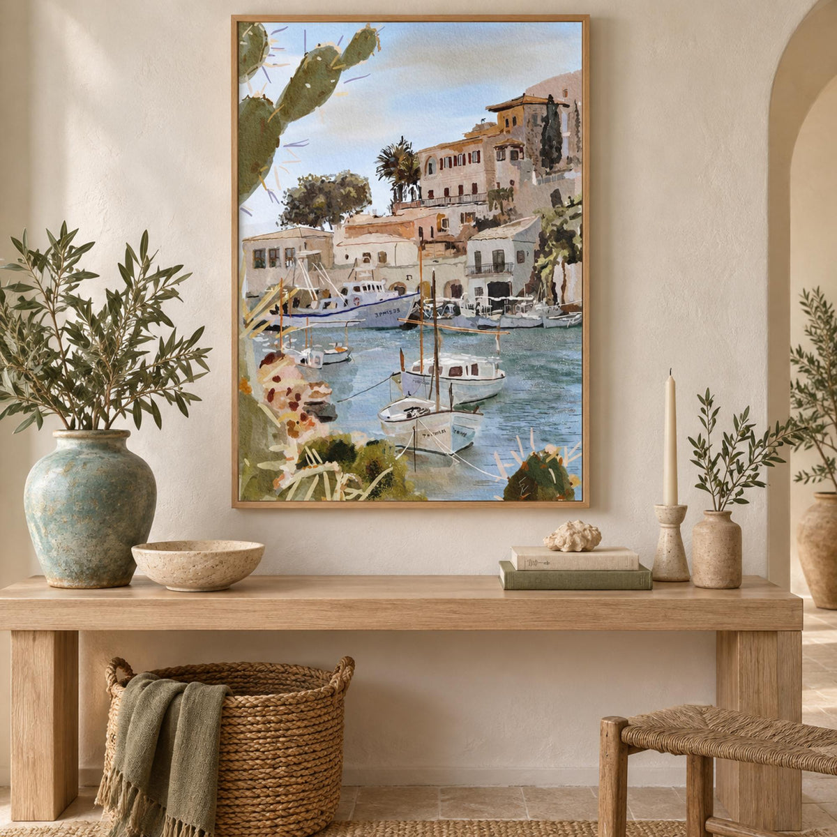 Cicadas paradise wall art styled in a Mediterranean coastal entryway