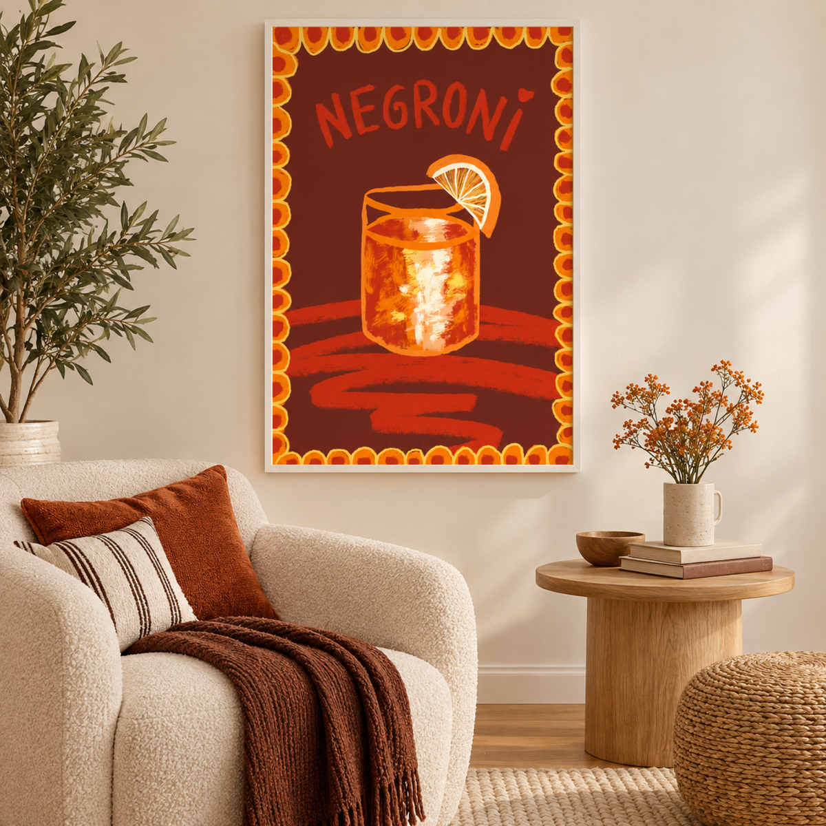 Cocktail Negroni wall art in a playful contemporary corner