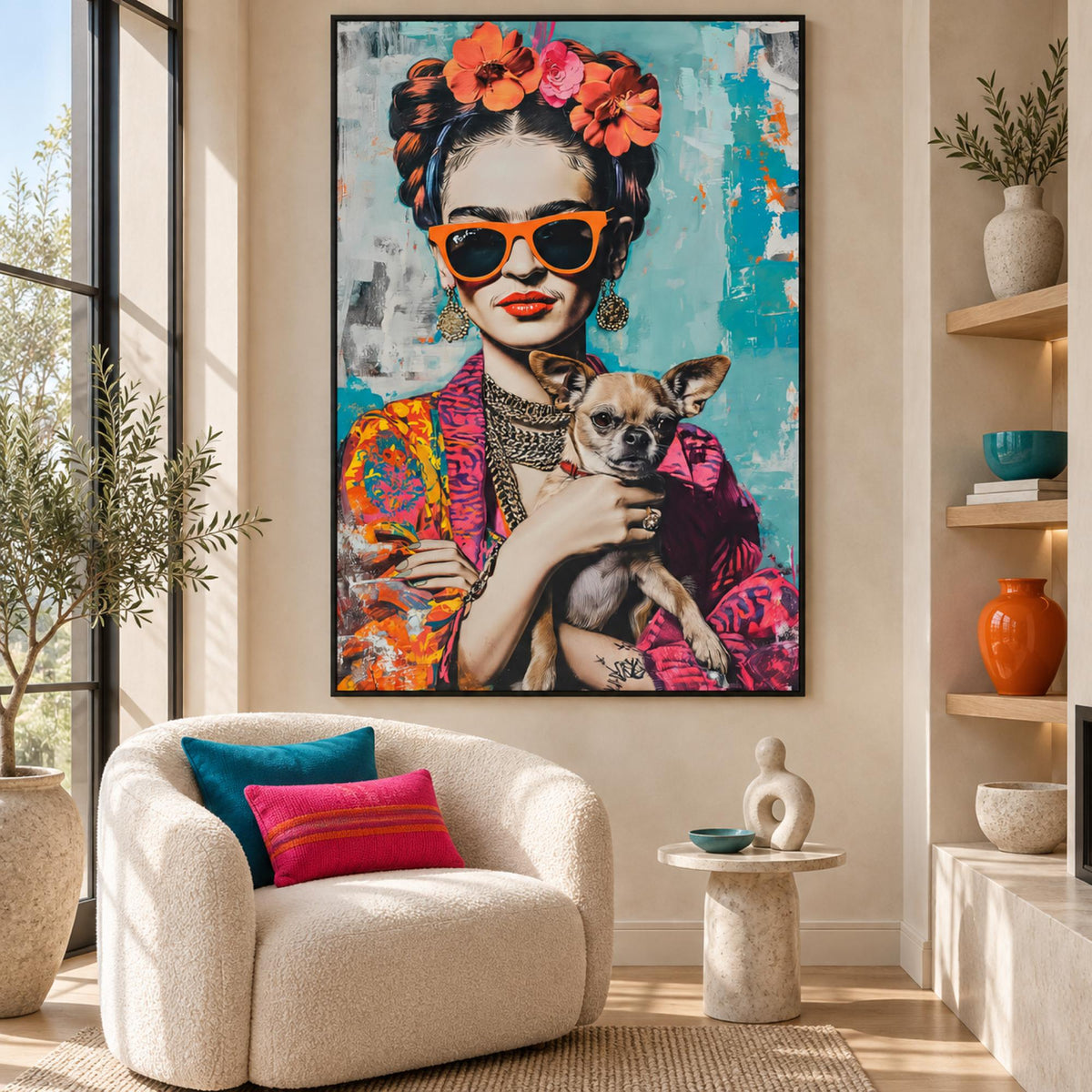 Colorful Portrait Chihuahua in a black floating frame above a contemporary single seat sofa