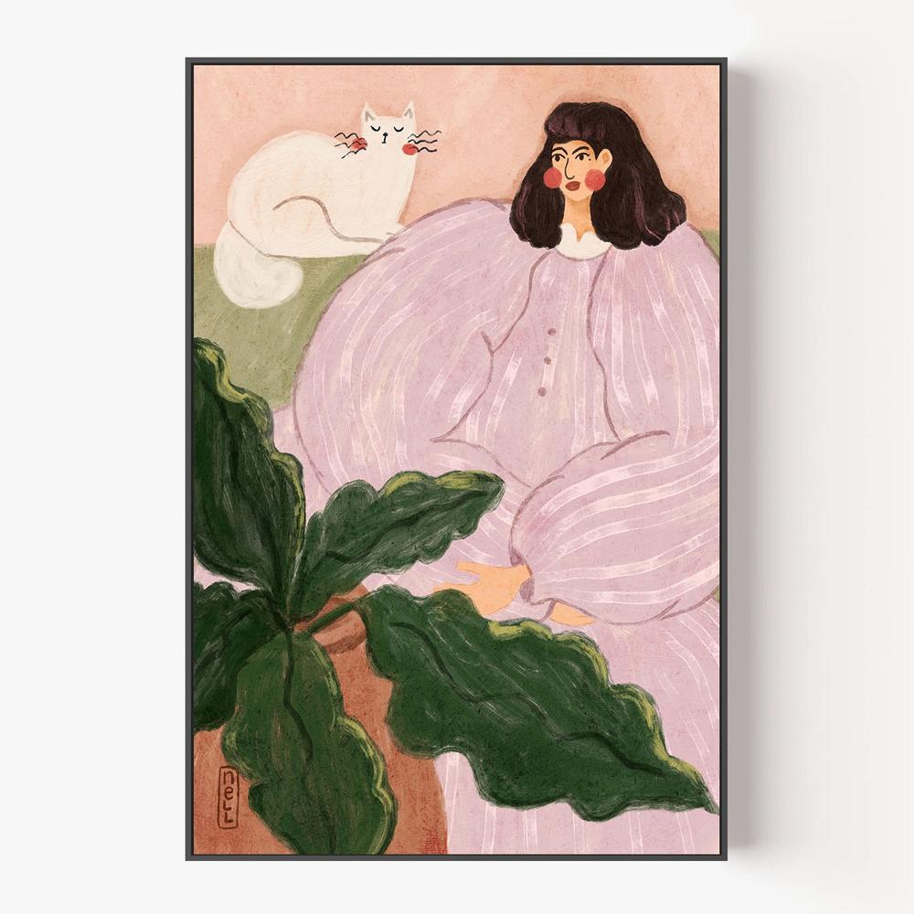 Cozy Woman With Cat-by-Dirkie Nell-wall-art-print-canvas-poster-framed-Gioia