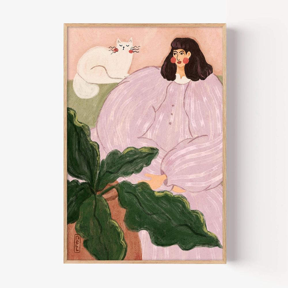 Cozy Woman With Cat-by-Dirkie Nell-wall-art-print-canvas-poster-framed-Gioia