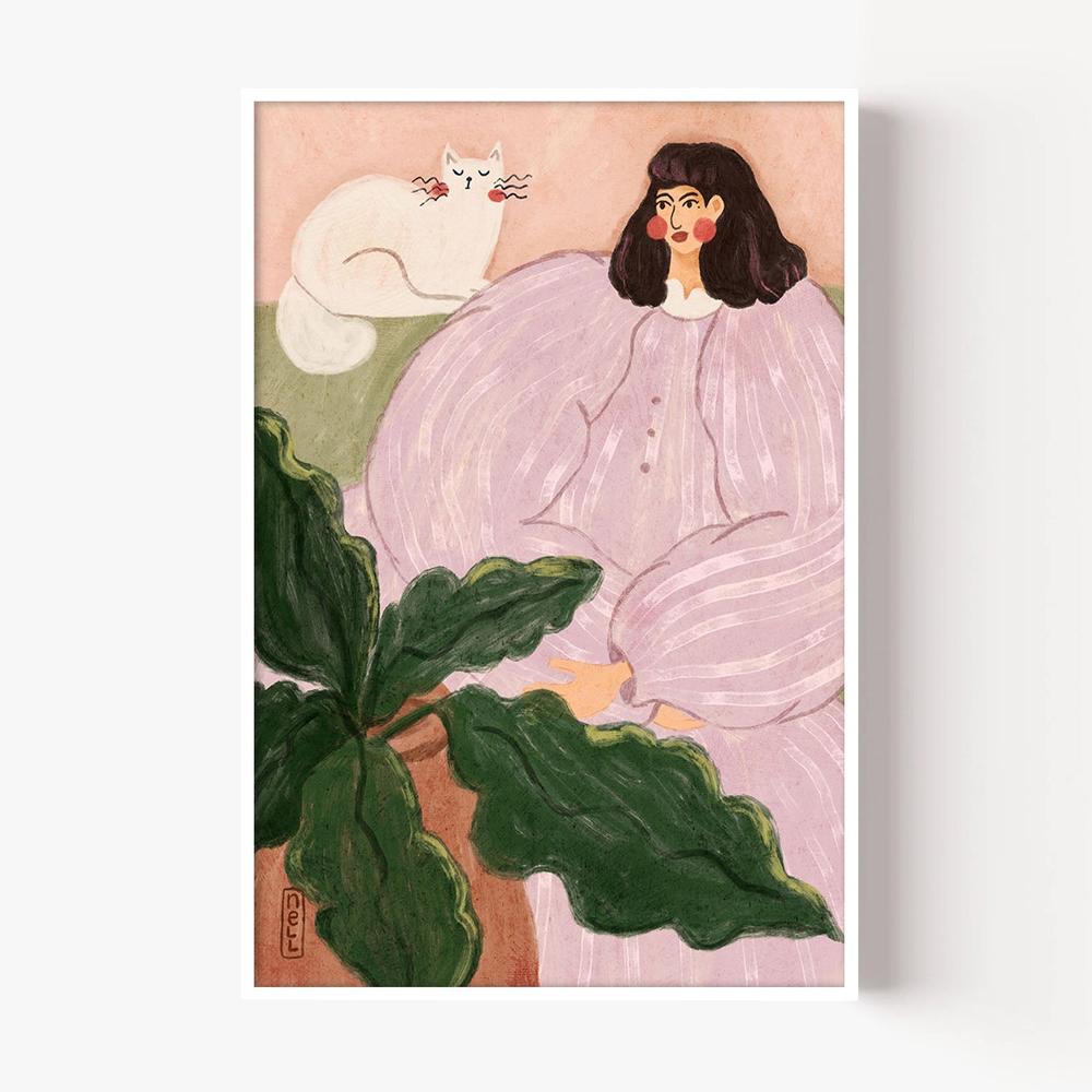 Cozy Woman With Cat-by-Dirkie Nell-wall-art-print-canvas-poster-framed-Gioia
