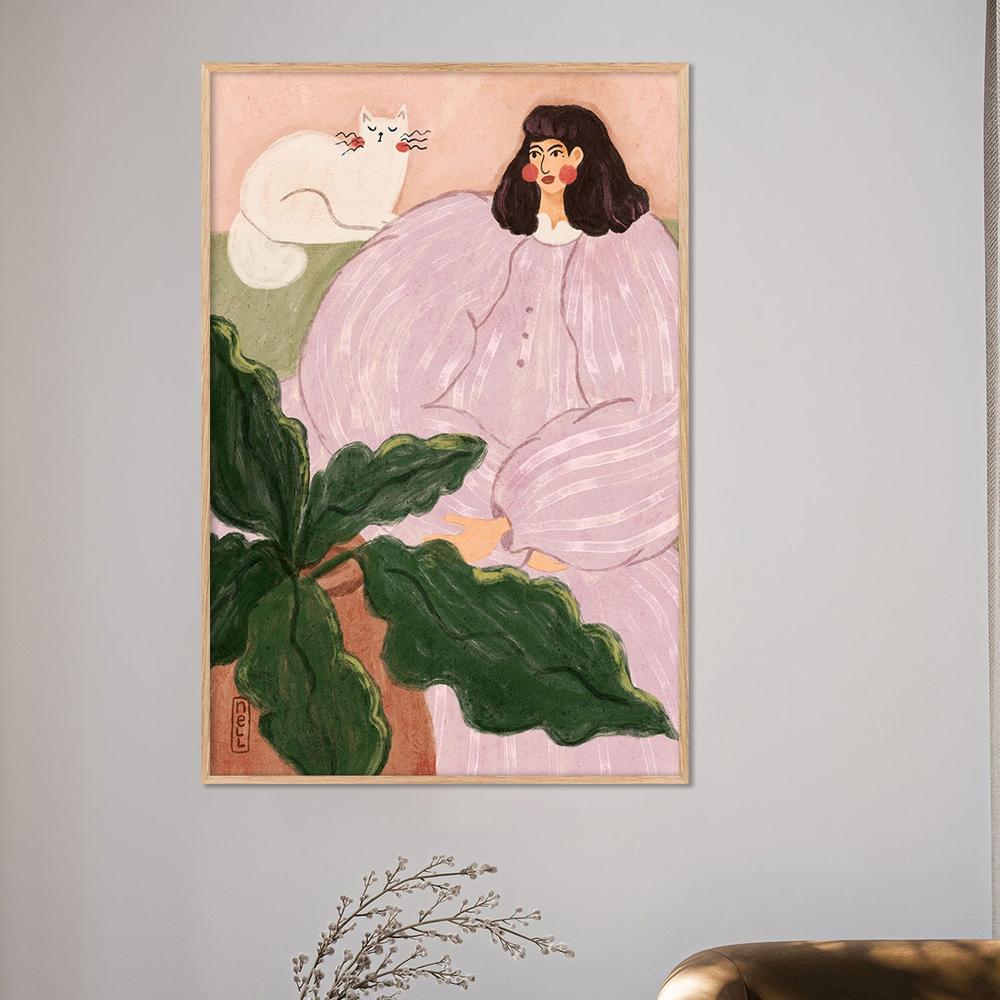 Cozy Woman With Cat-by-Dirkie Nell-wall-art-print-canvas-poster-framed-Gioia