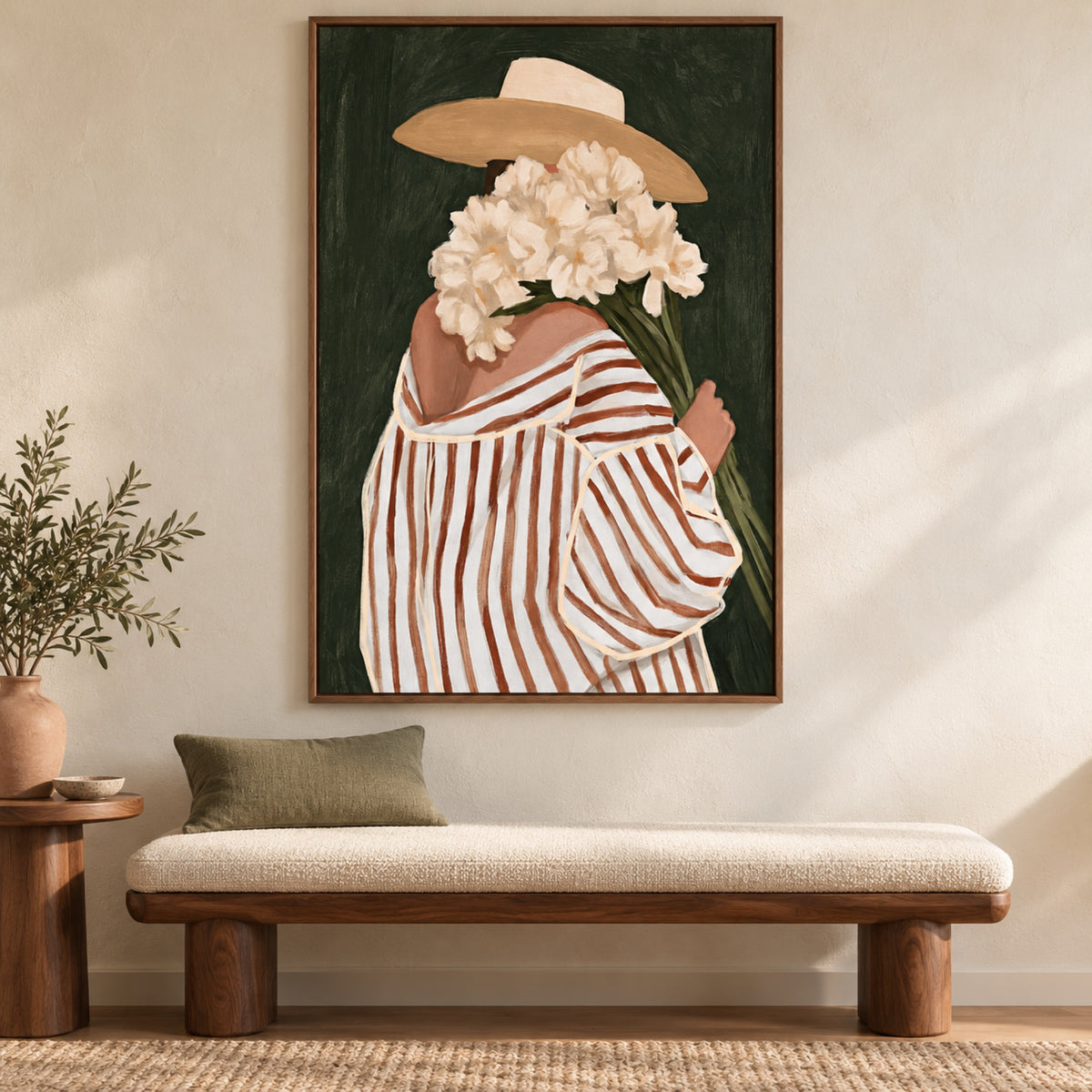 Cut This Morning by Lady Hana in a slim walnut frame above a cream upholstered walnut bench with olive and terracotta accents.