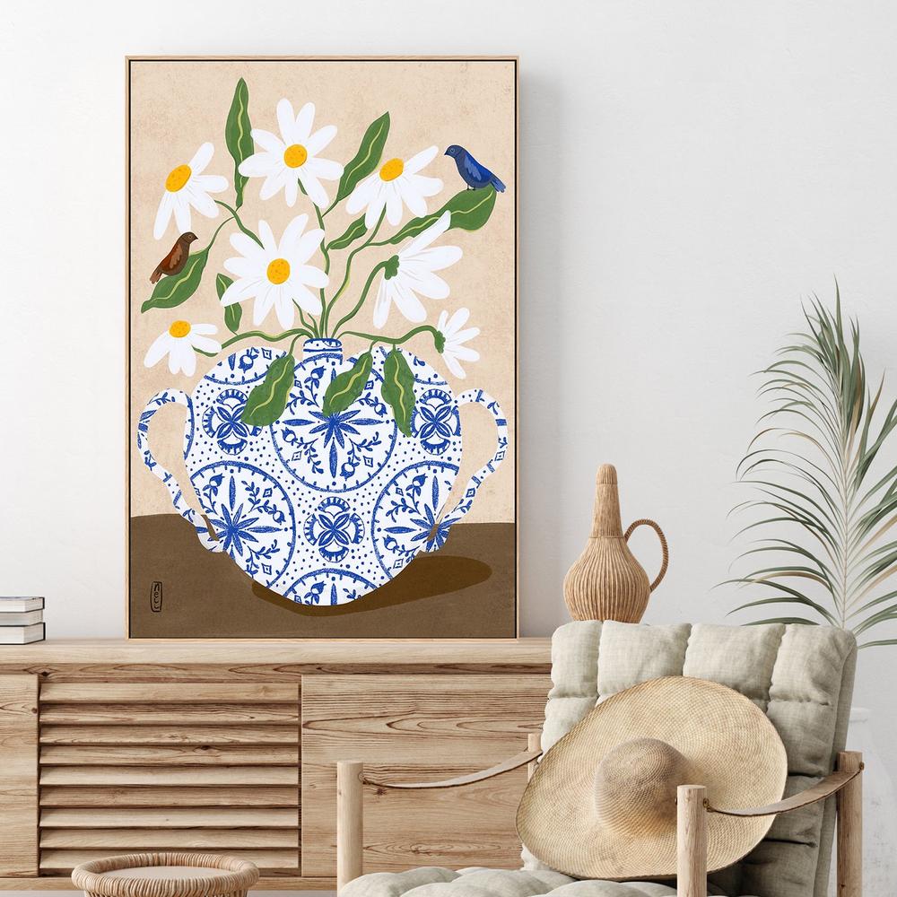 Daisies In Blue Teapot-by-Dirkie Nell-wall-art-print-canvas-poster-framed-Gioia