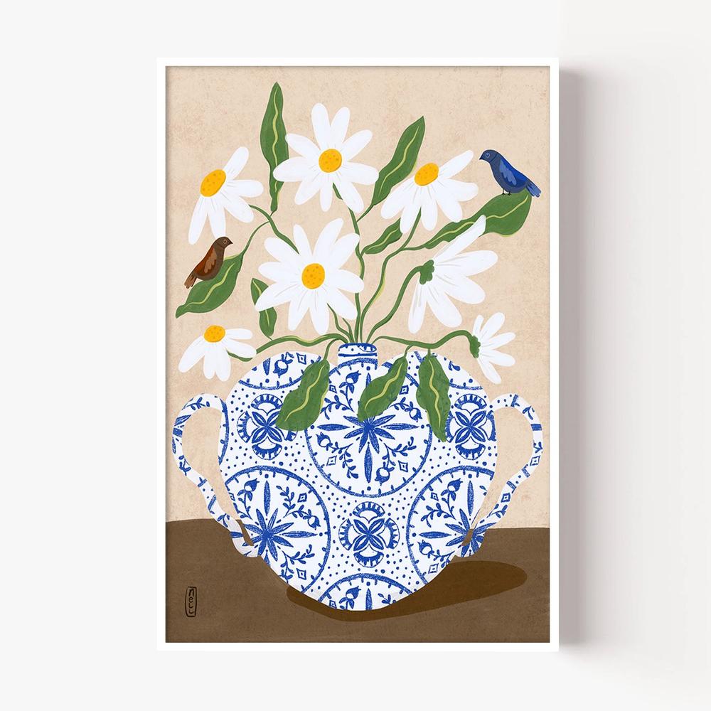 Daisies In Blue Teapot-by-Dirkie Nell-wall-art-print-canvas-poster-framed-Gioia