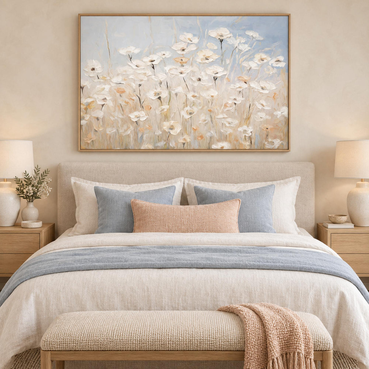 Daisy Meadow wall art styled in a serene bedroom