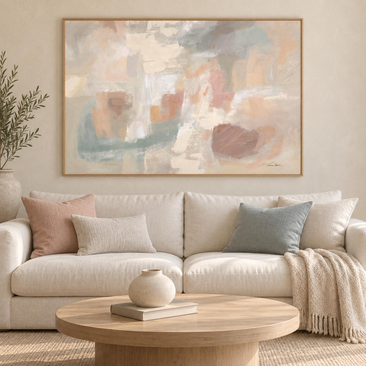 Delicate Light wall art styled in a serene contemporary living room