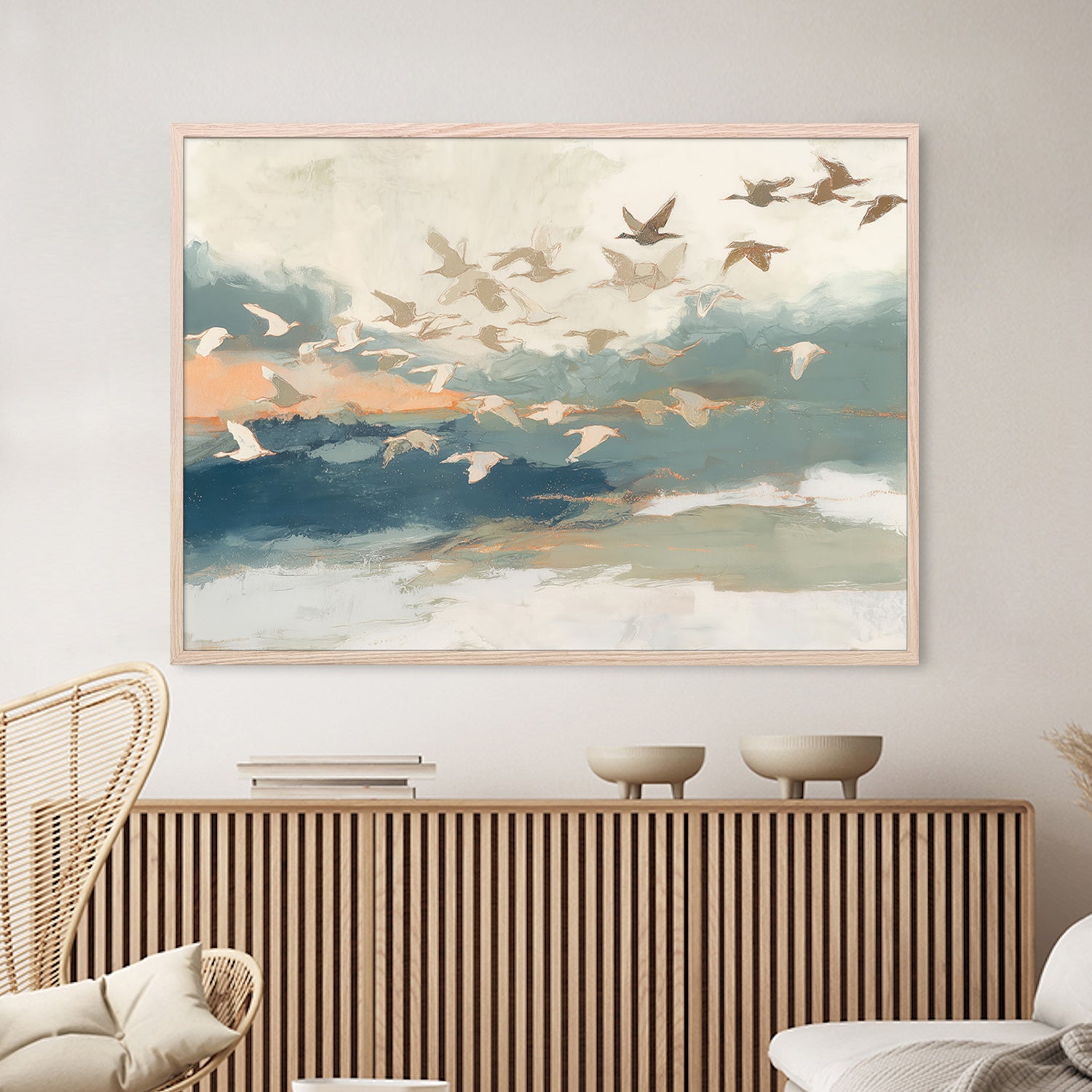 Birds in Flight at Dusk Over Open Water