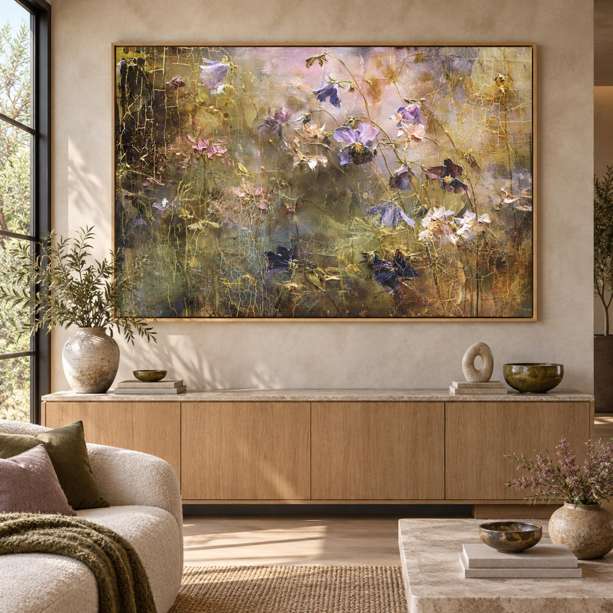 Dreamy Floral Texture in an oak floating frame above a contemporary buffet