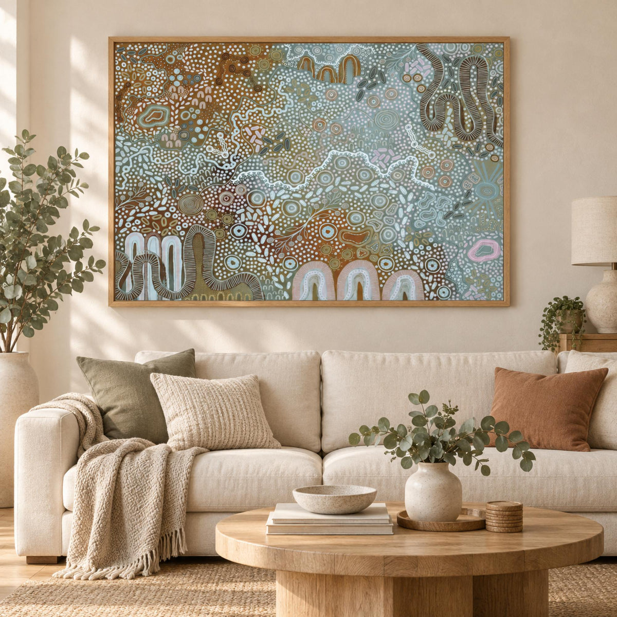 Earth’s Gathering Blue Tones wall art styled in a warm contemporary living room with no mat border