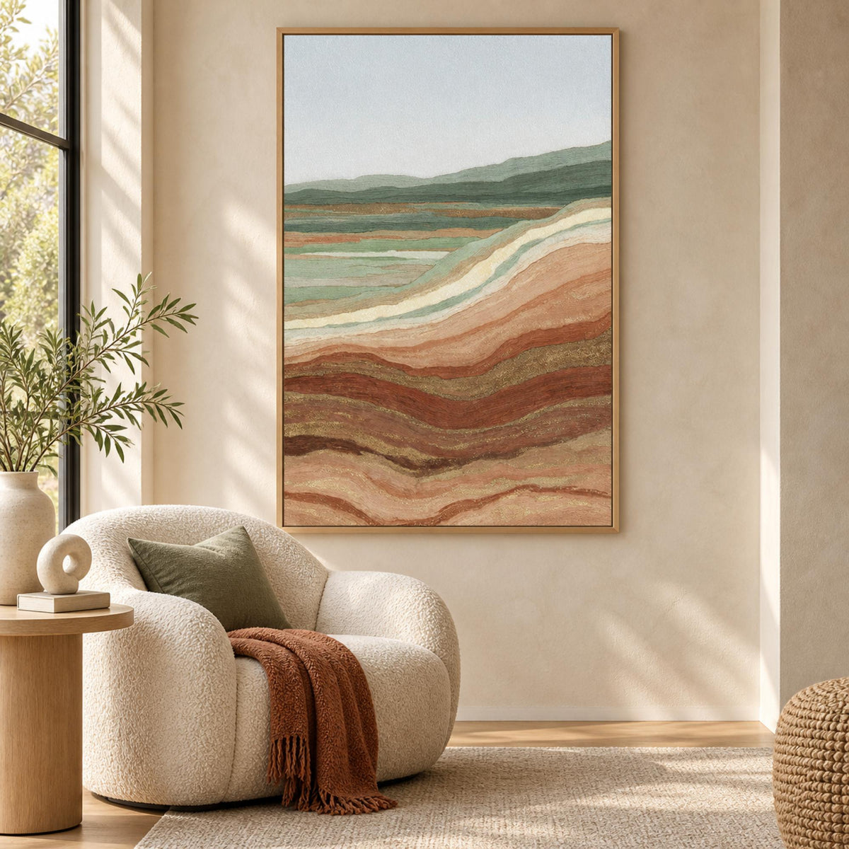 Earthy Hills in an oak floating frame above a contemporary reading chair
