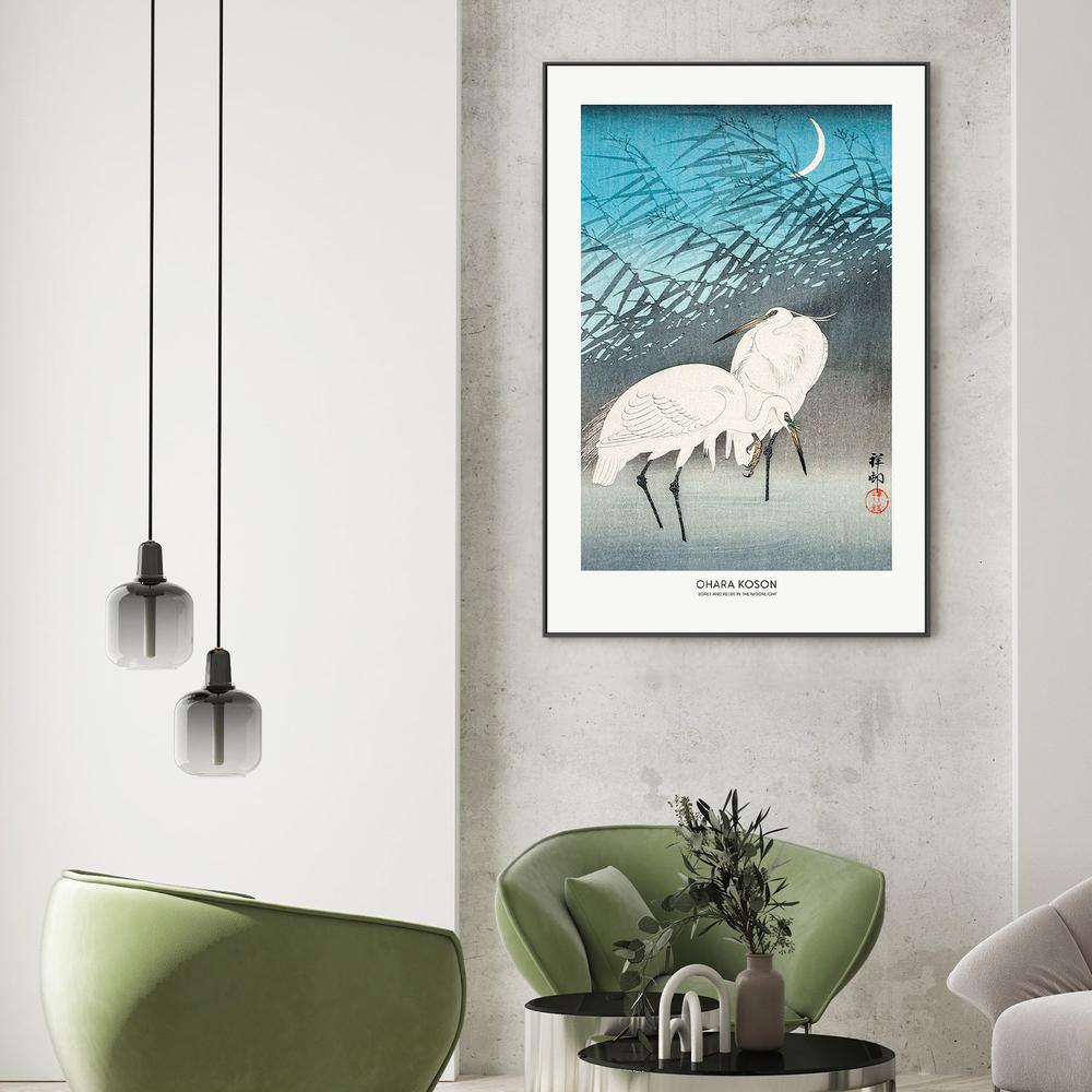 Egrets and Reeds In Moonlight (1926) Boarder-by-Ohara Koson-wall-art-print-canvas-poster-framed-Gioia