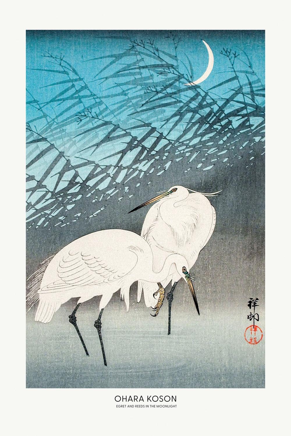 Egrets and Reeds In Moonlight (1926) Boarder-by-Ohara Koson-wall-art-print-canvas-poster-framed-Gioia
