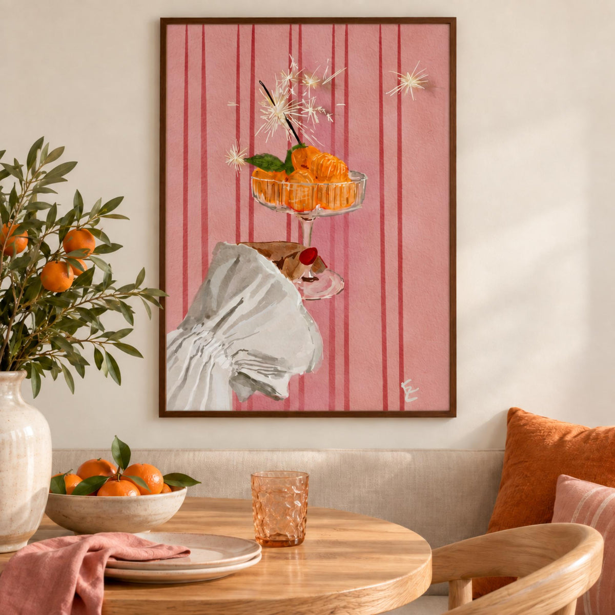 Festive Tangerine wall art styled in a cosy kitchen dining corner with no mat border